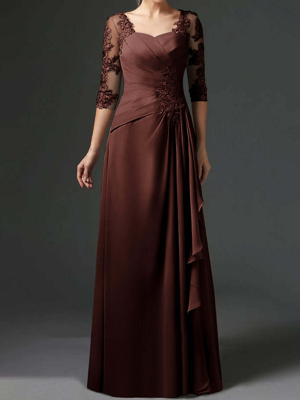 Floor-Length A-Line Princess Gown with Square Neck and Half Sleeves