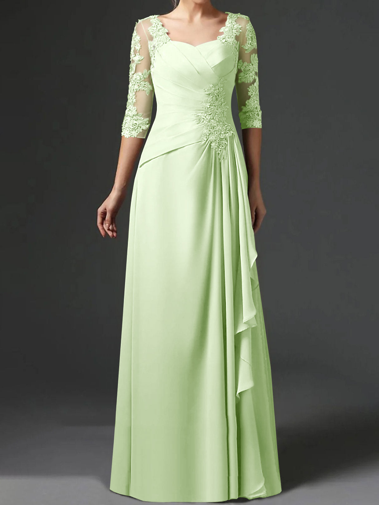 Floor-Length A-Line Princess Gown with Square Neck and Half Sleeves