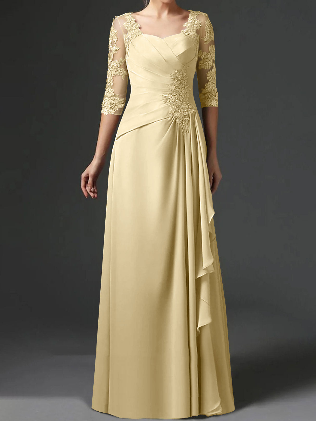 Floor-Length A-Line Princess Gown with Square Neck and Half Sleeves