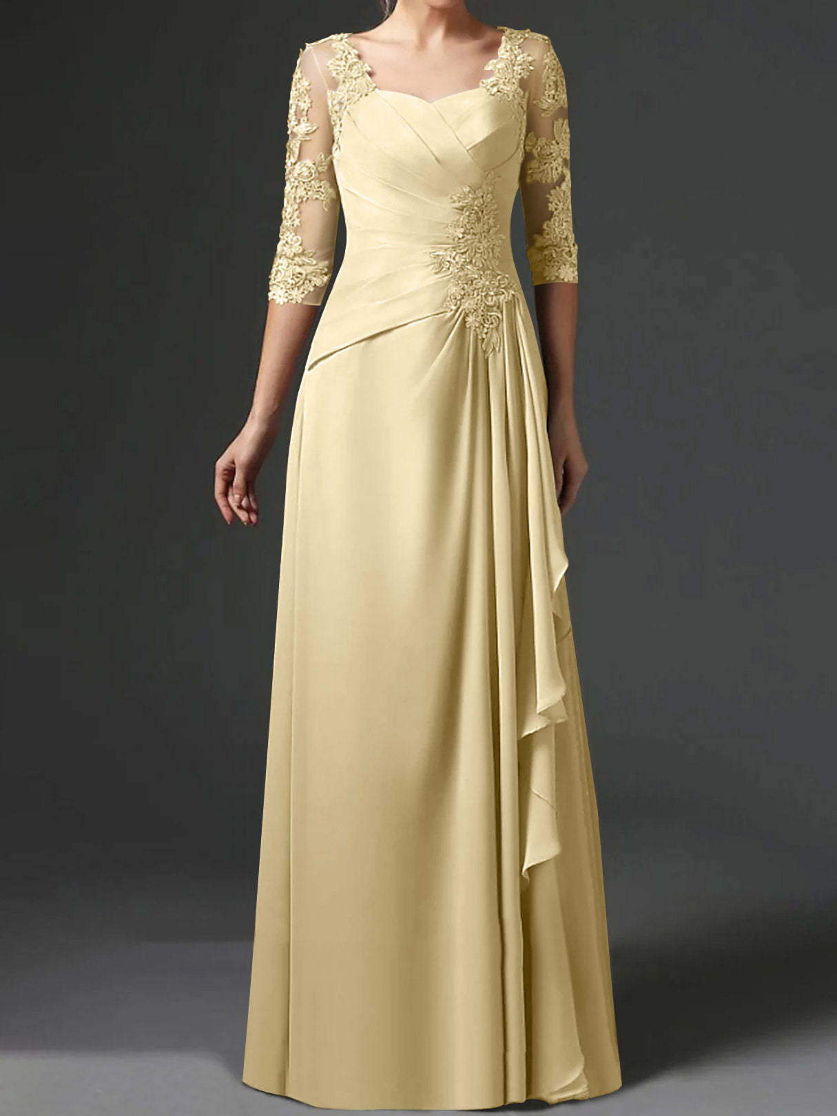 Floor-Length A-Line Princess Gown with Square Neck and Half Sleeves