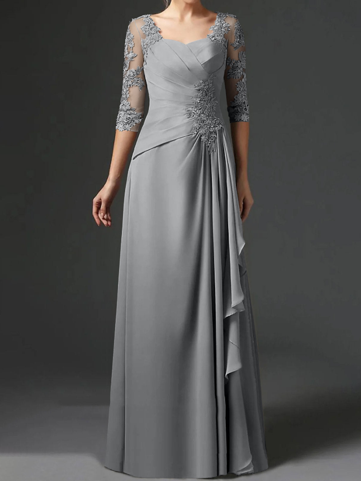 Floor-Length A-Line Princess Gown with Square Neck and Half Sleeves