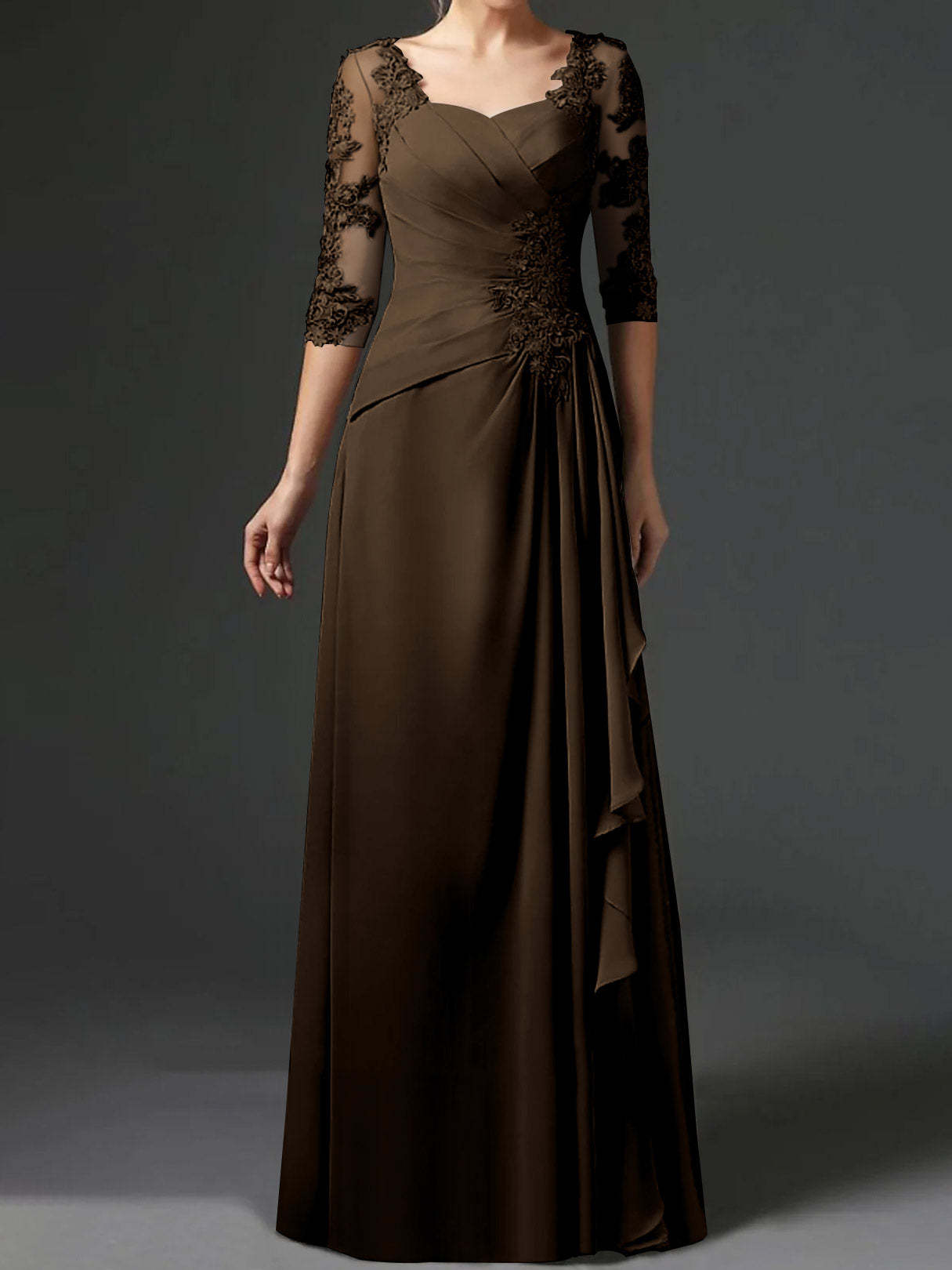 Floor-Length A-Line Princess Gown with Square Neck and Half Sleeves