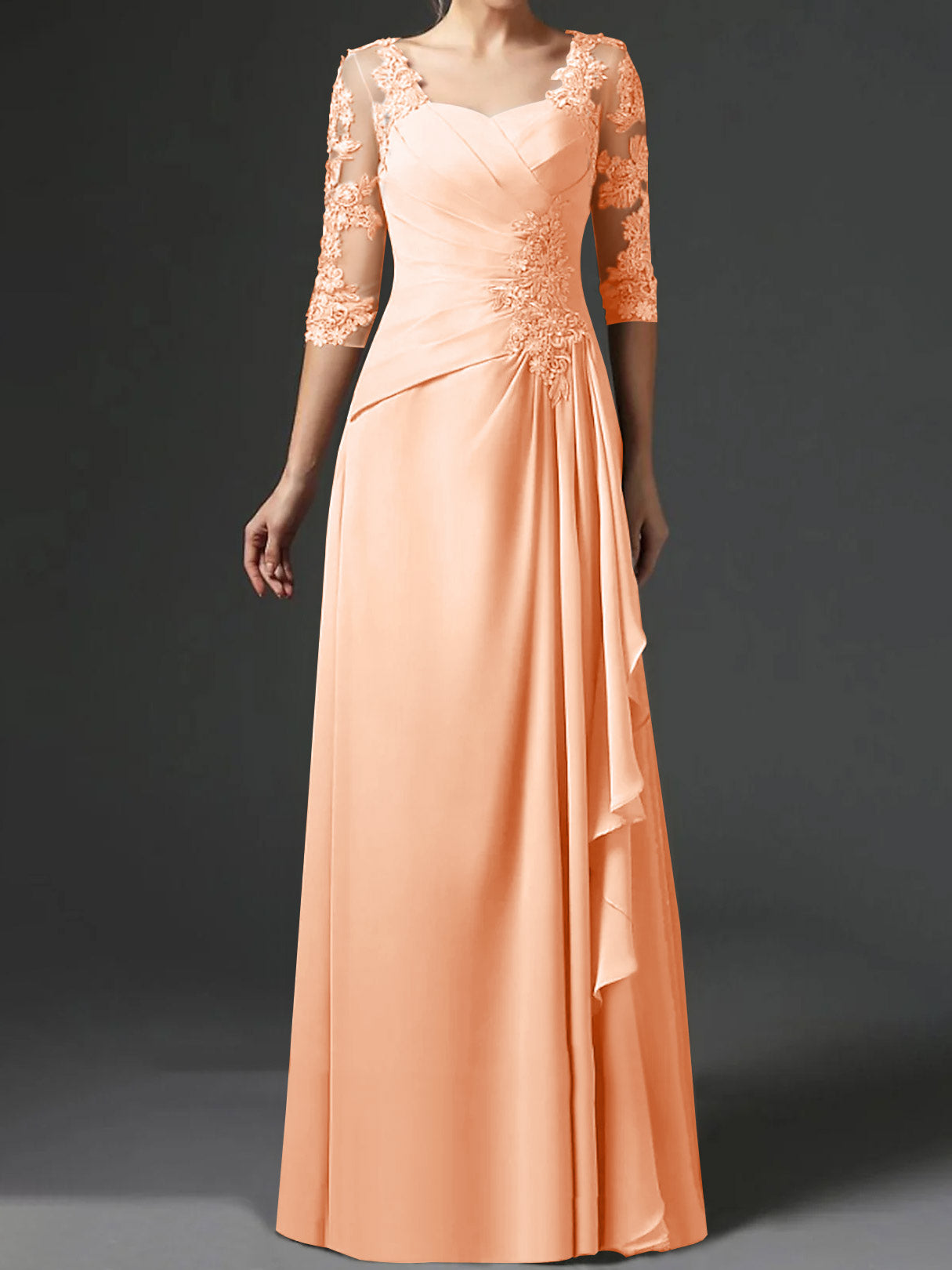 Floor-Length A-Line Princess Gown with Square Neck and Half Sleeves