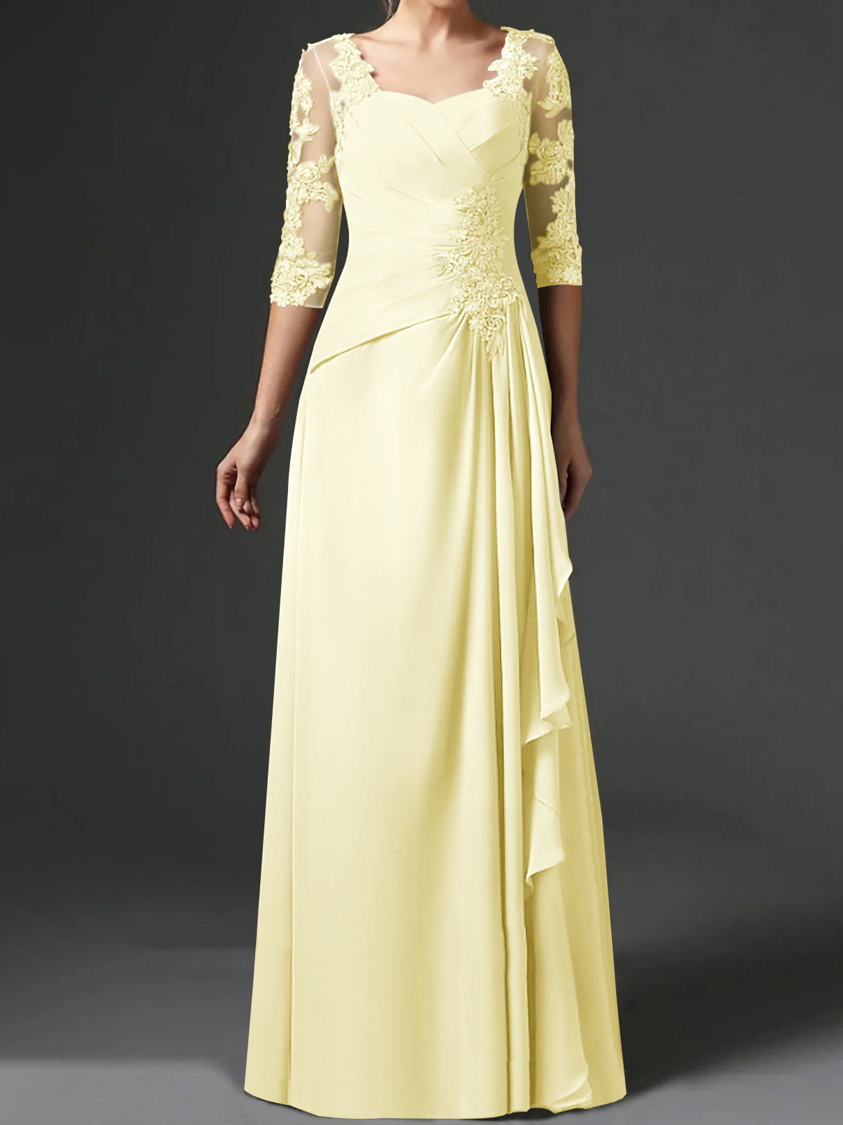 Floor-Length A-Line Princess Gown with Square Neck and Half Sleeves