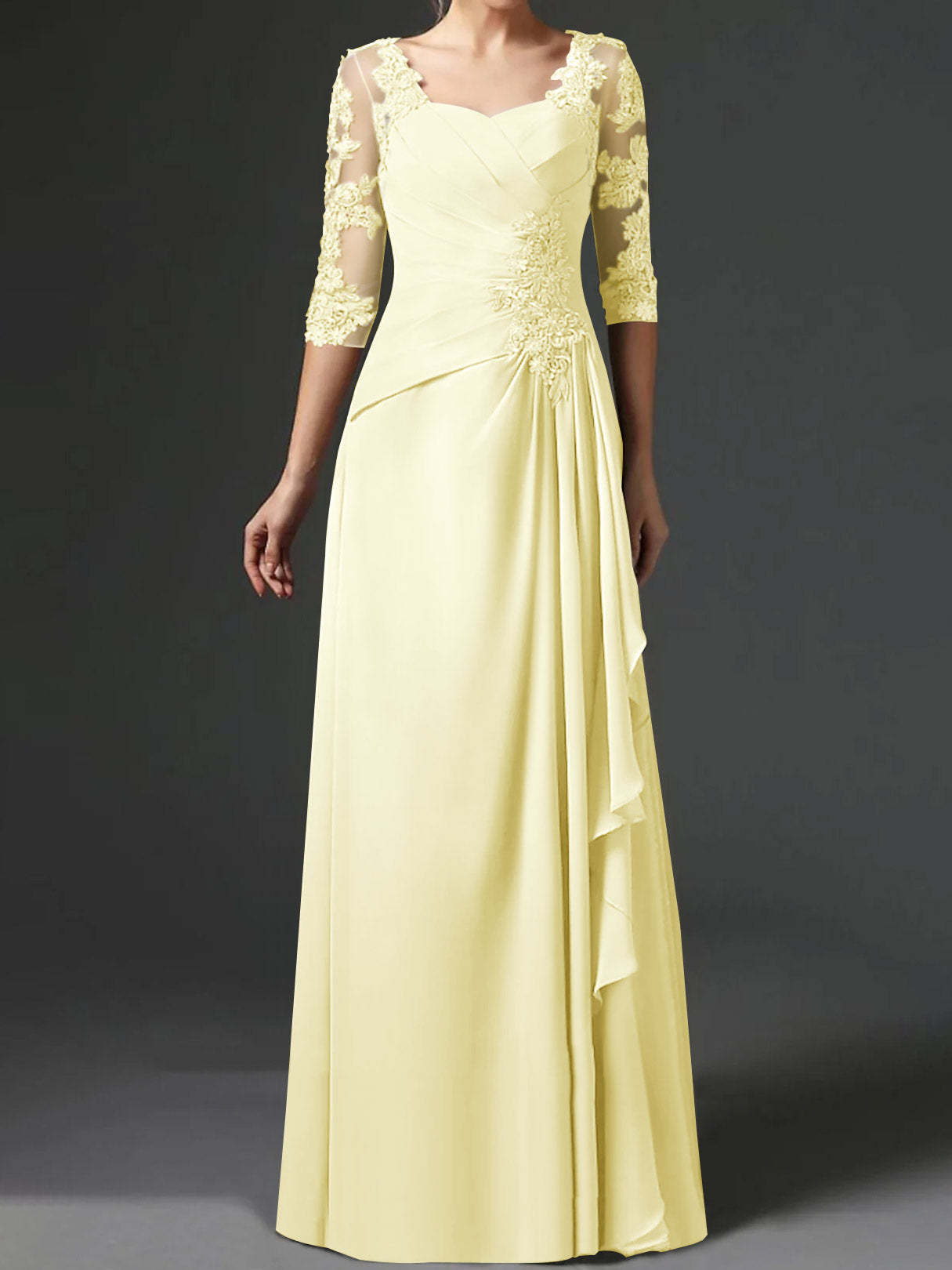 Floor-Length A-Line Princess Gown with Square Neck and Half Sleeves