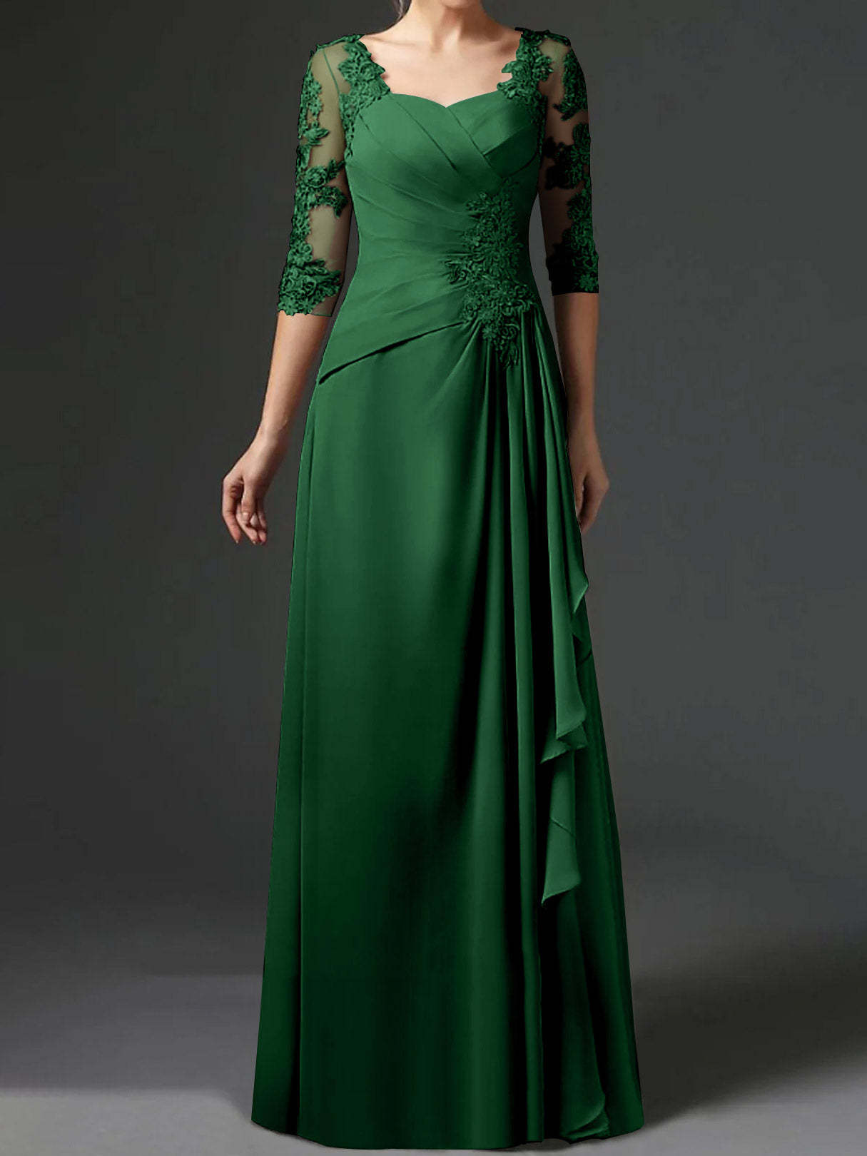 Floor-Length A-Line Princess Gown with Square Neck and Half Sleeves