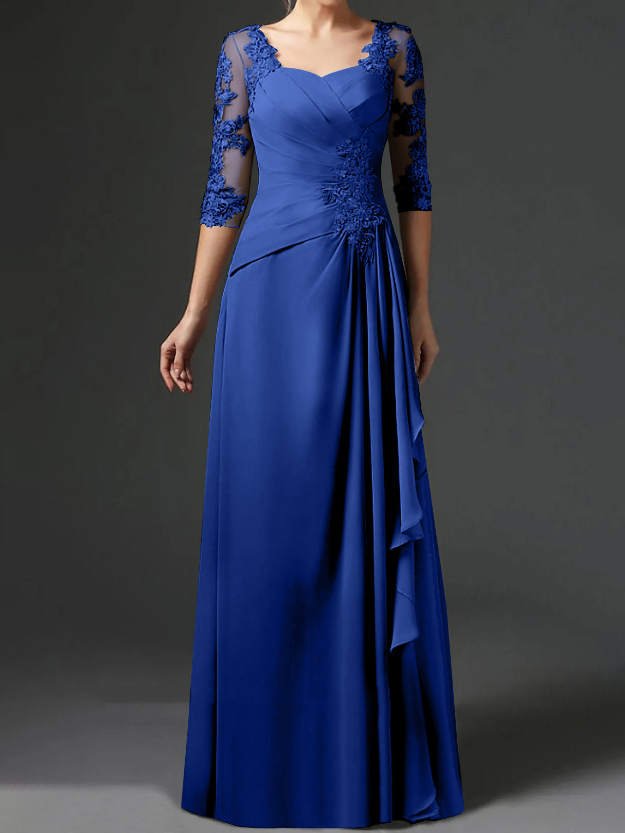 Floor-Length A-Line Princess Gown with Square Neck and Half Sleeves