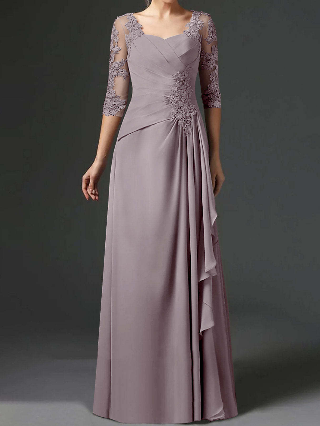 Floor-Length A-Line Princess Gown with Square Neck and Half Sleeves
