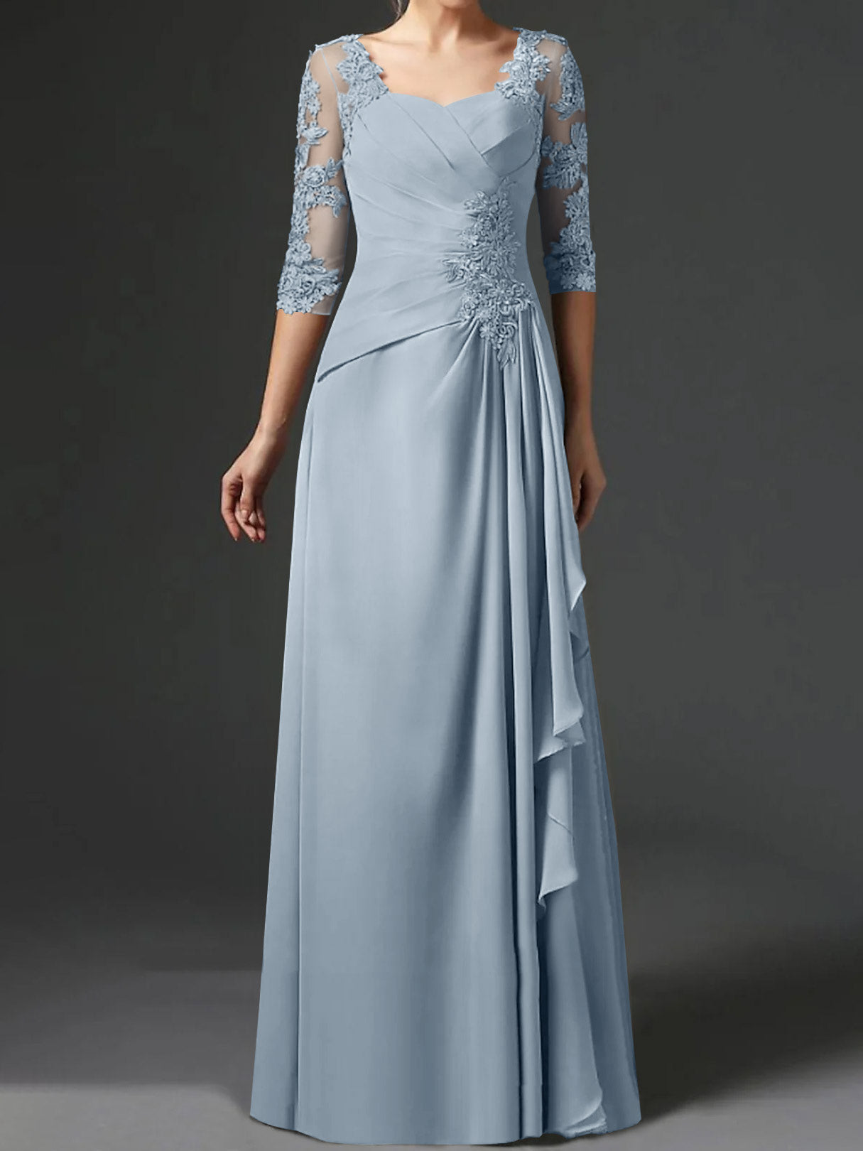 Floor-Length A-Line Princess Gown with Square Neck and Half Sleeves