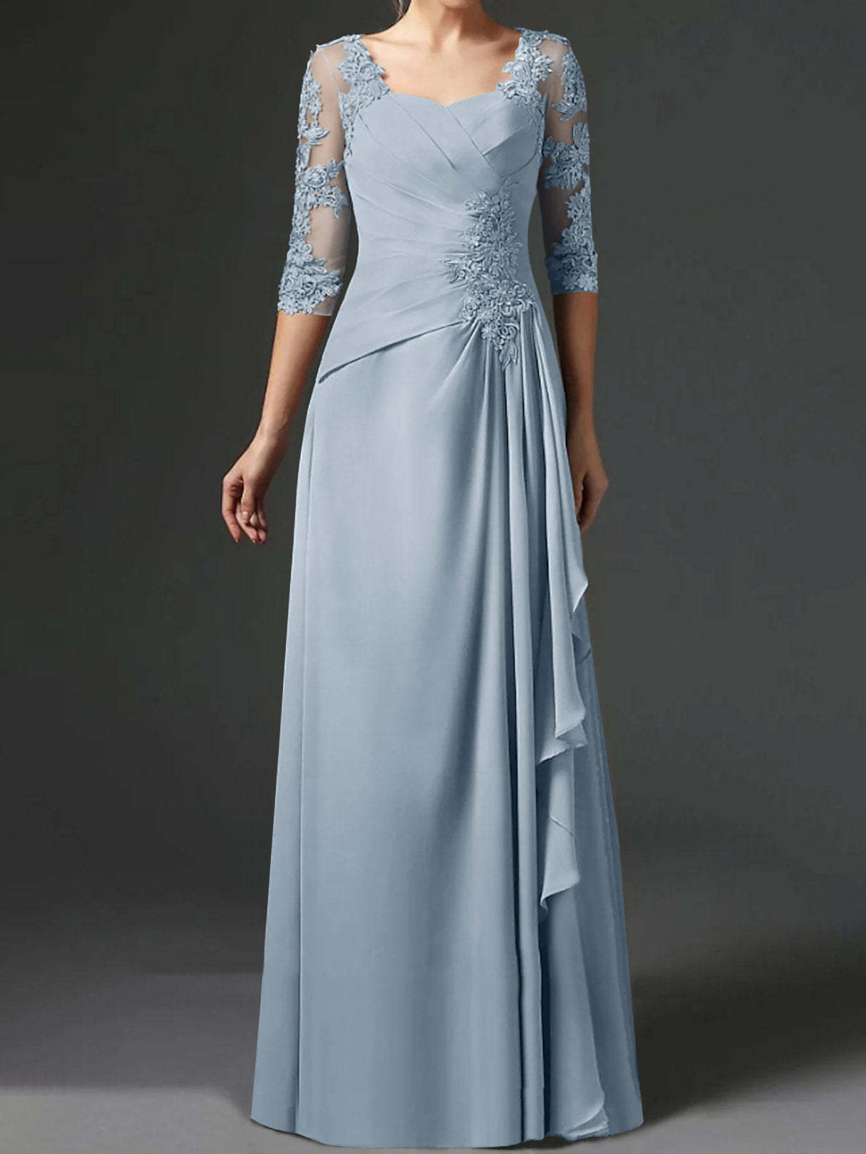 Floor-Length A-Line Princess Gown with Square Neck and Half Sleeves
