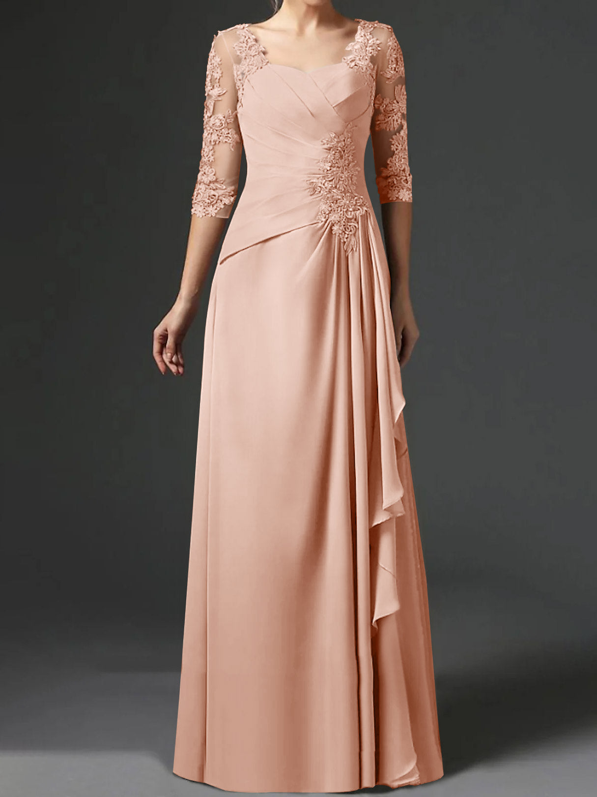 Floor-Length A-Line Princess Gown with Square Neck and Half Sleeves