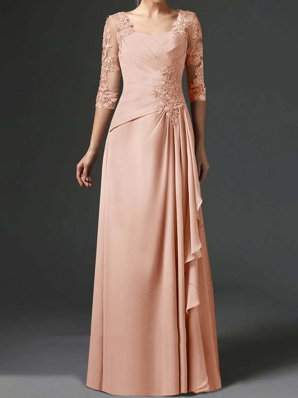 Floor-Length A-Line Princess Gown with Square Neck and Half Sleeves