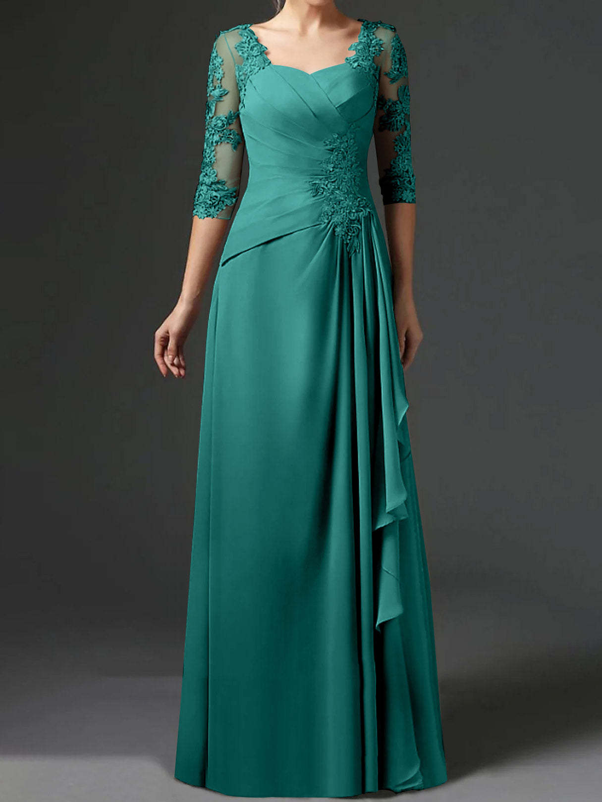 Floor-Length A-Line Princess Gown with Square Neck and Half Sleeves
