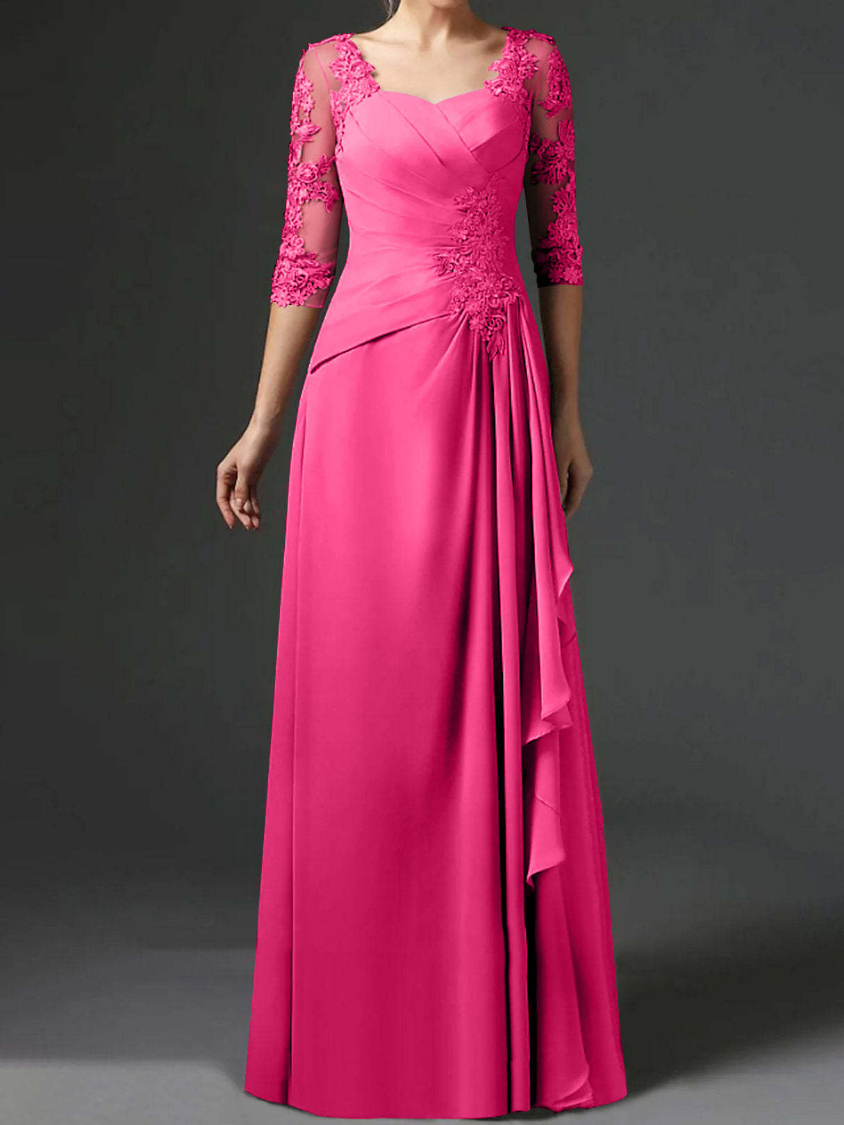 Floor-Length A-Line Princess Gown with Square Neck and Half Sleeves