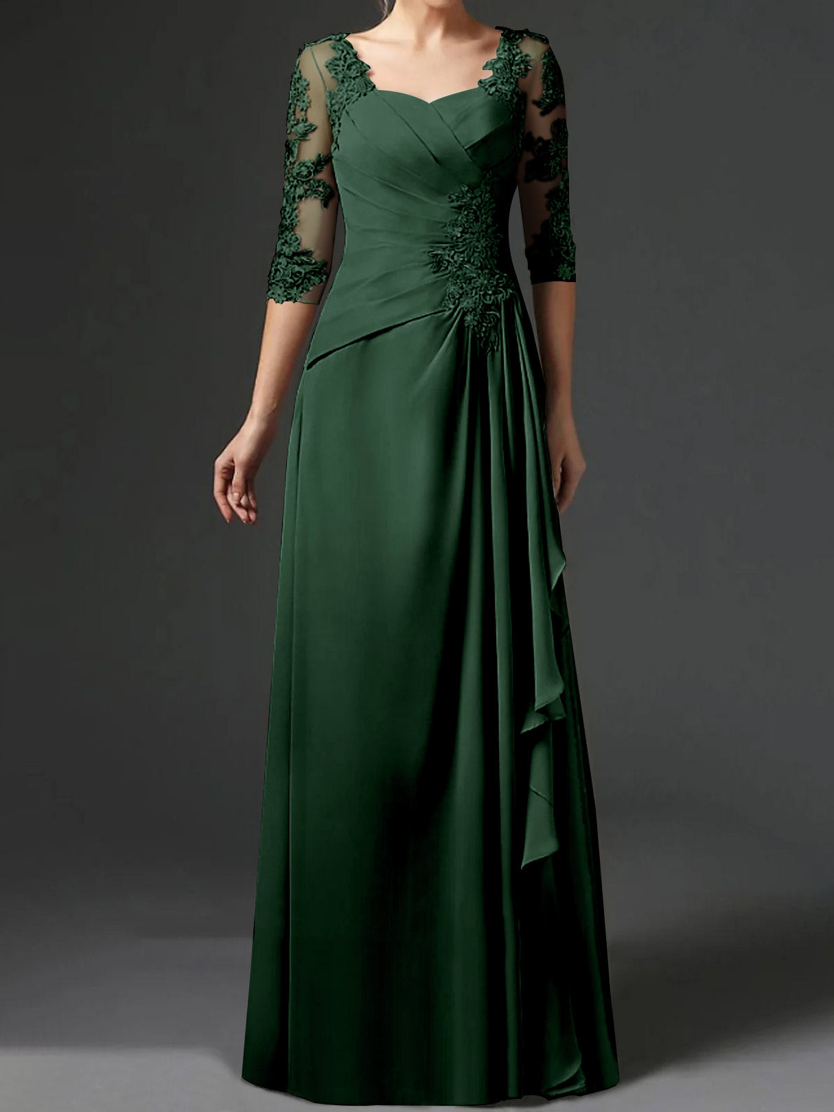 Floor-Length A-Line Princess Gown with Square Neck and Half Sleeves