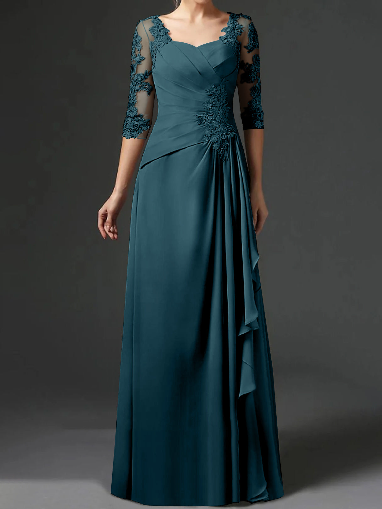 Floor-Length A-Line Princess Gown with Square Neck and Half Sleeves