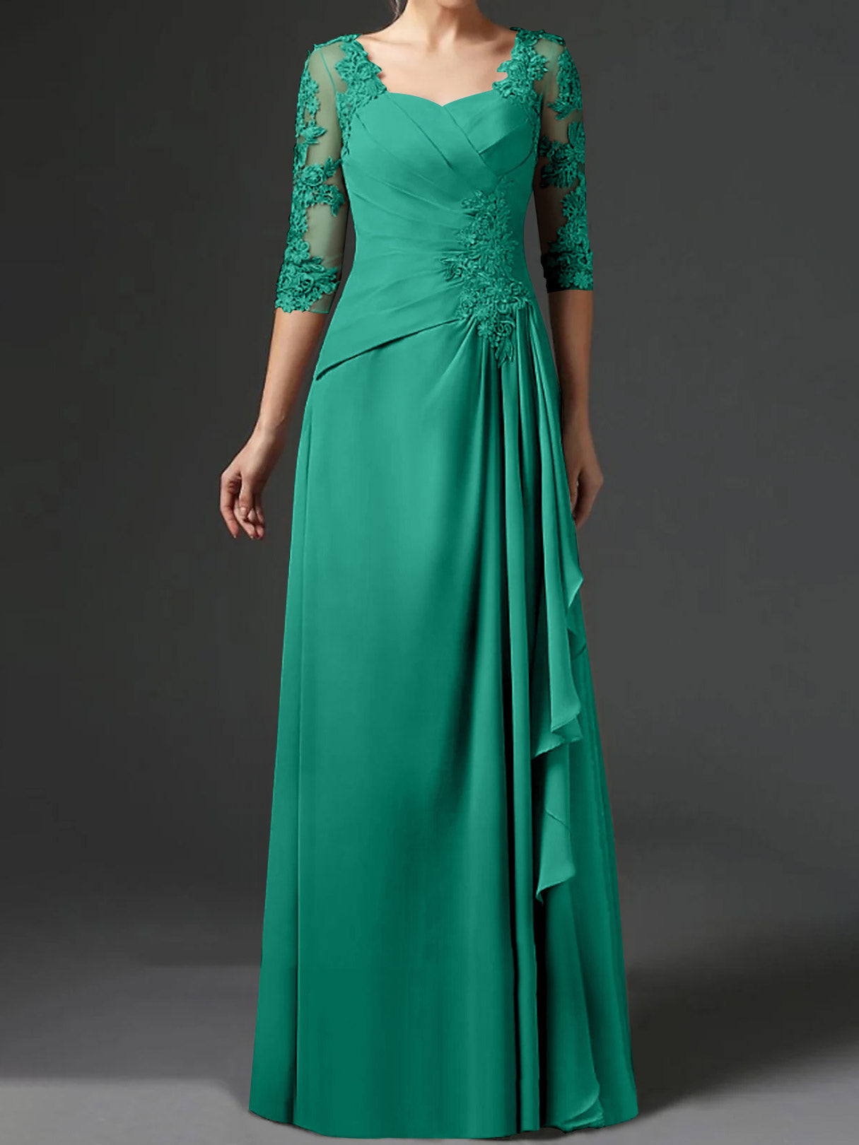 Floor-Length A-Line Princess Gown with Square Neck and Half Sleeves