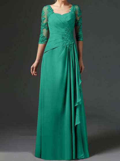 Floor-Length A-Line Princess Gown with Square Neck and Half Sleeves