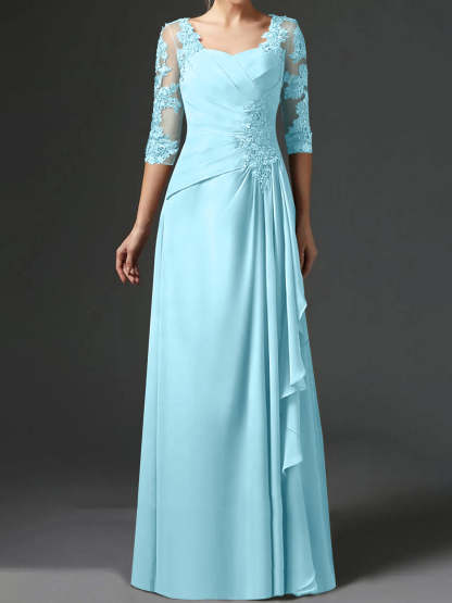 Floor-Length A-Line Princess Gown with Square Neck and Half Sleeves