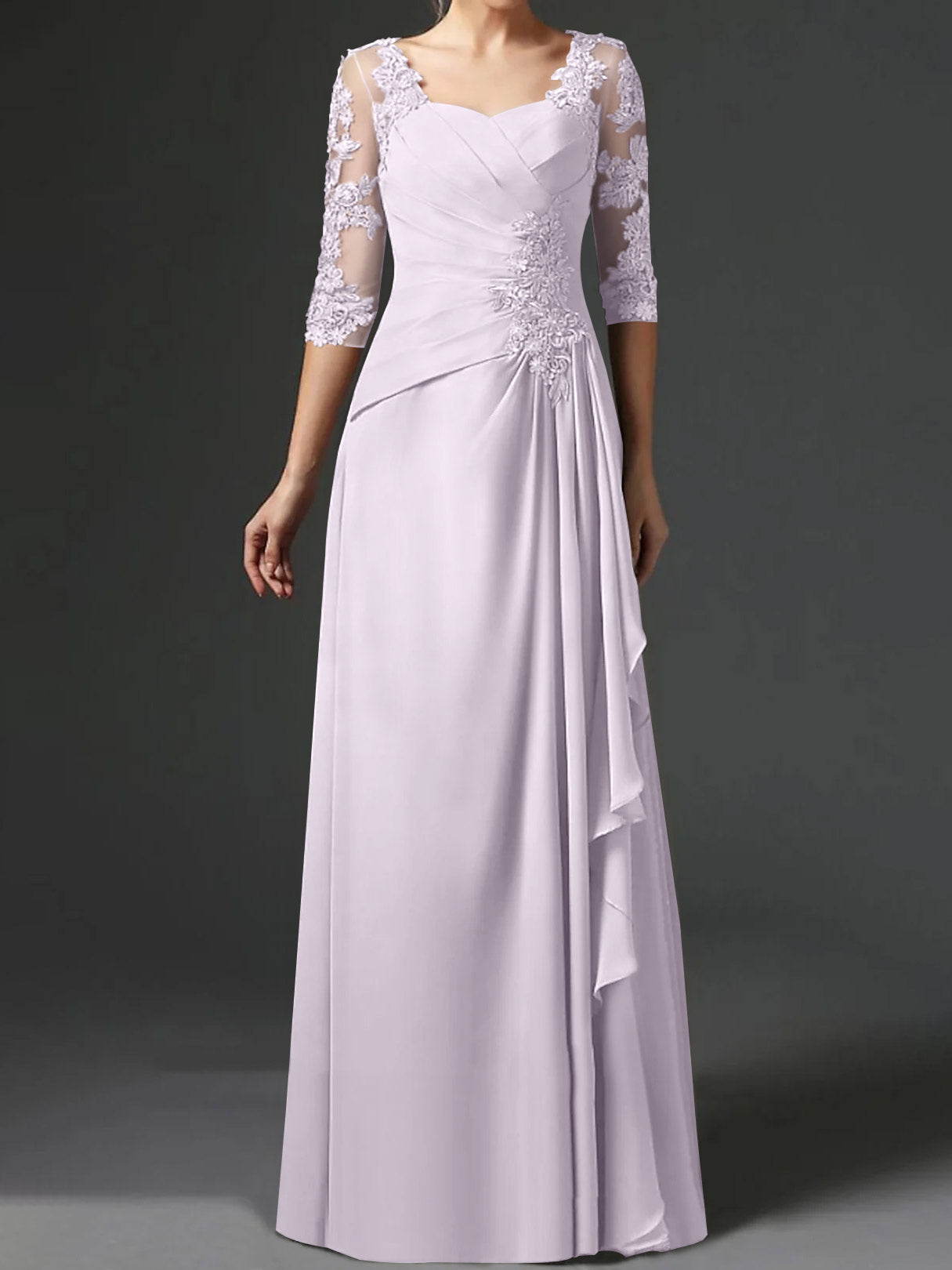 Floor-Length A-Line Princess Gown with Square Neck and Half Sleeves