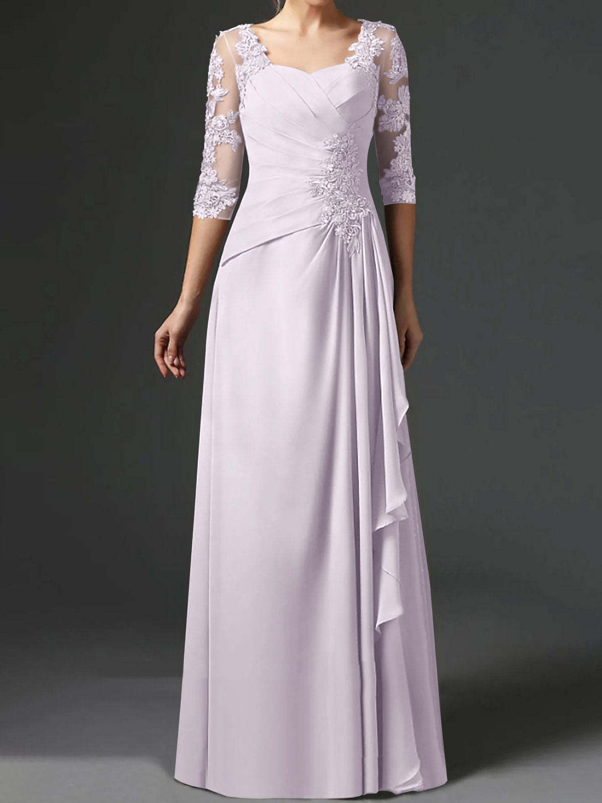 Floor-Length A-Line Princess Gown with Square Neck and Half Sleeves