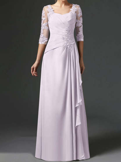 Floor-Length A-Line Princess Gown with Square Neck and Half Sleeves