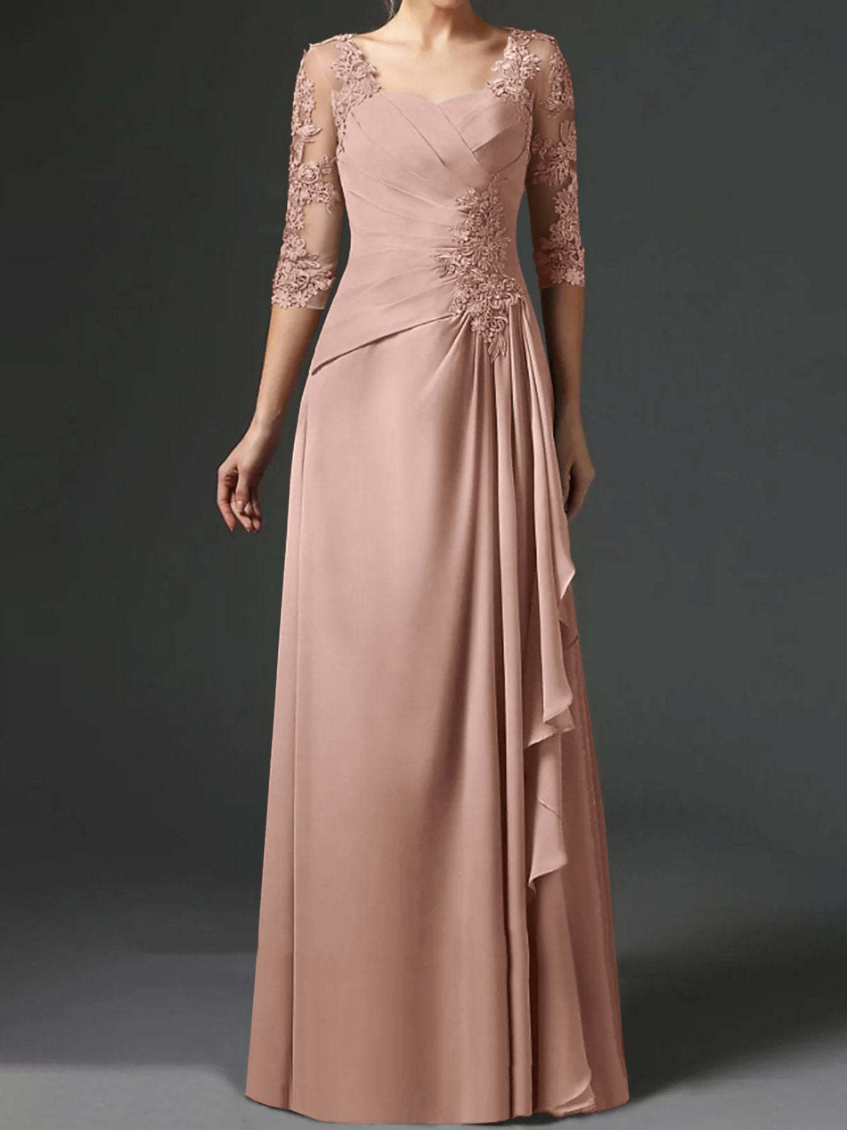 Floor-Length A-Line Princess Gown with Square Neck and Half Sleeves