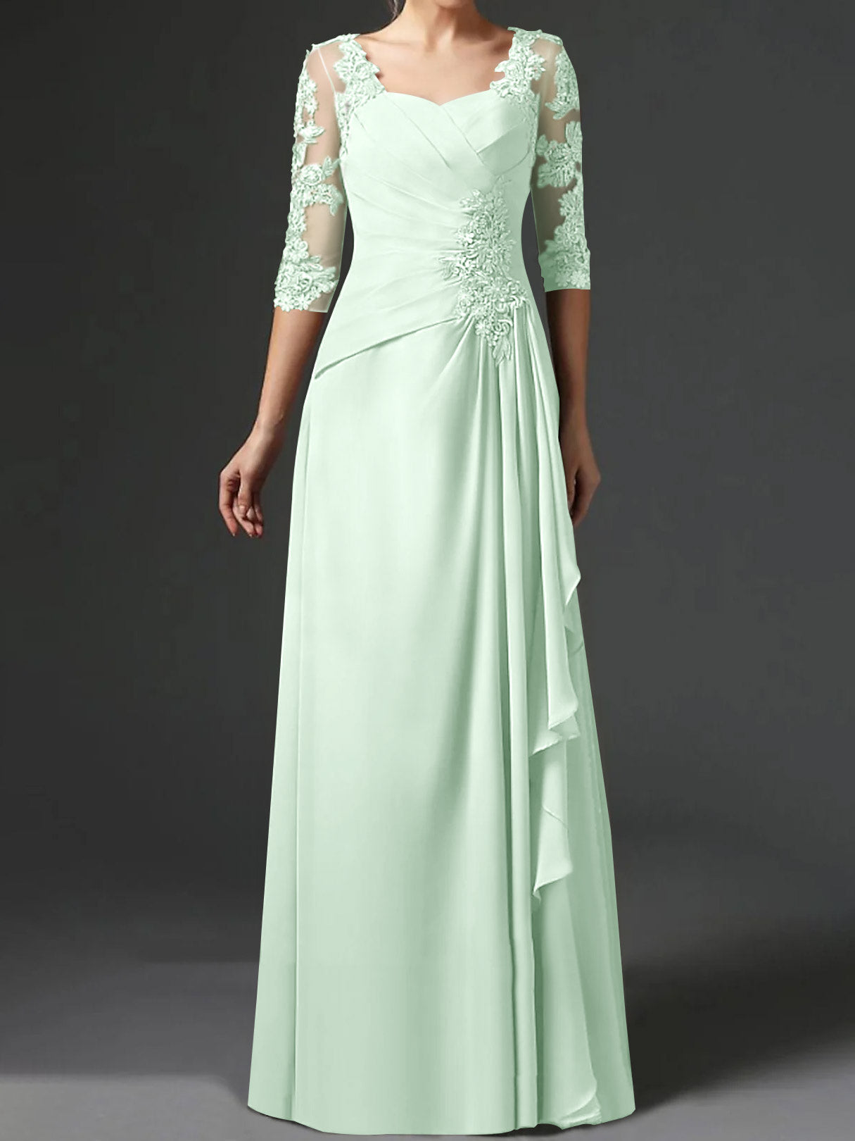 Floor-Length A-Line Princess Gown with Square Neck and Half Sleeves
