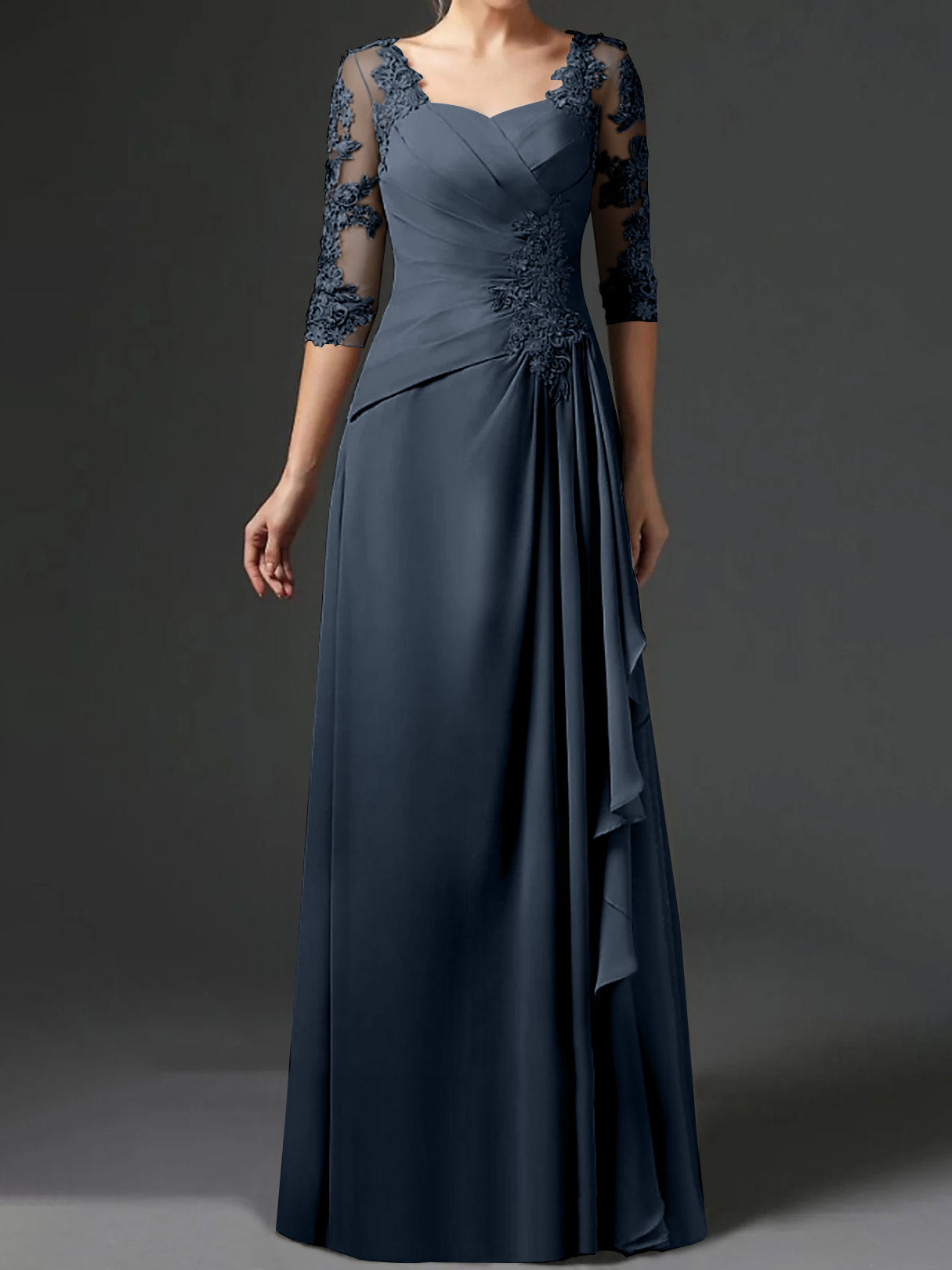 Floor-Length A-Line Princess Gown with Square Neck and Half Sleeves