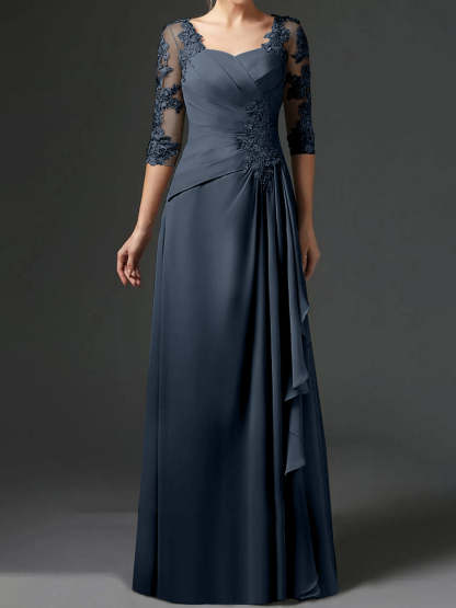 Floor-Length A-Line Princess Gown with Square Neck and Half Sleeves