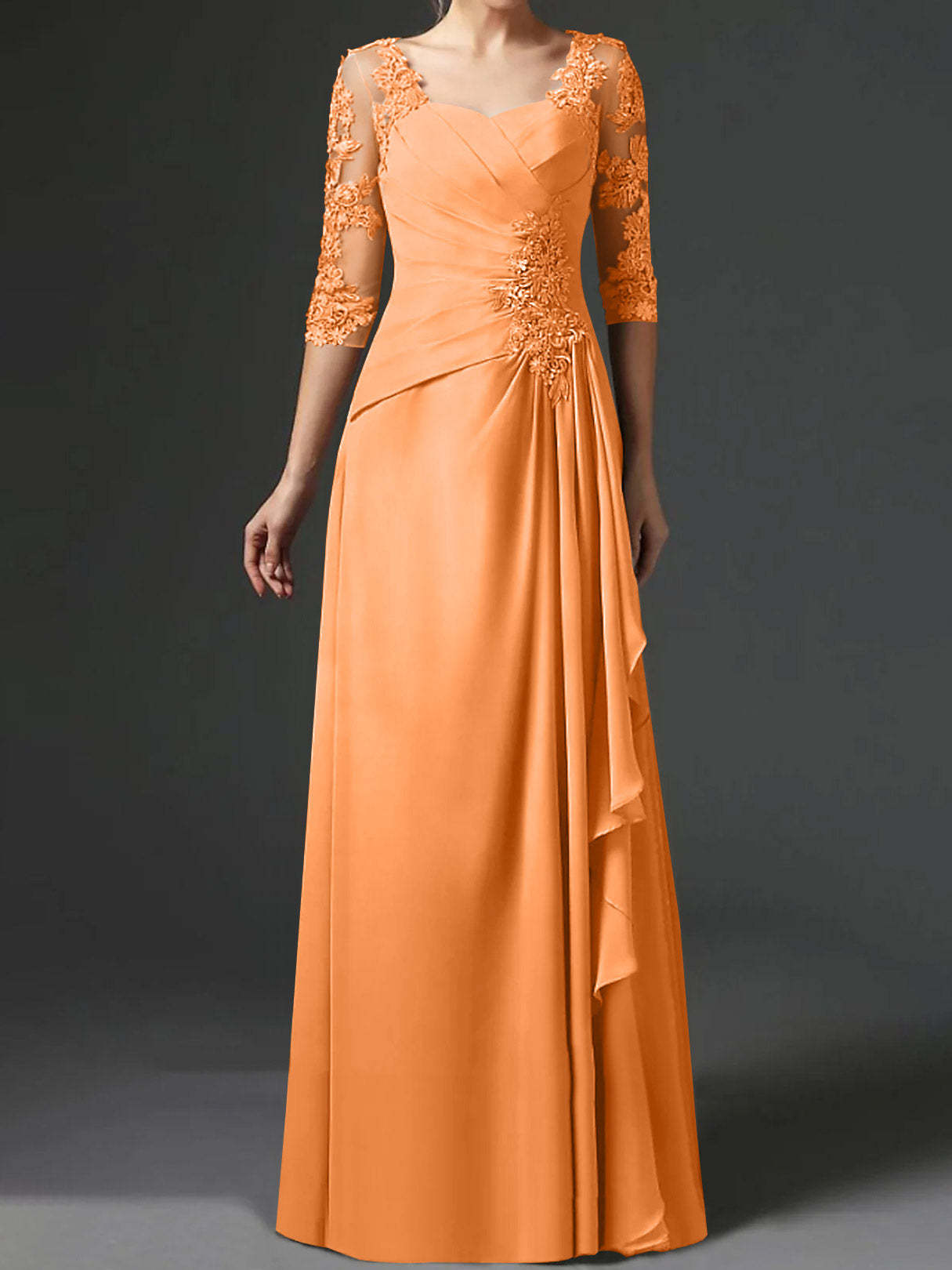 Floor-Length A-Line Princess Gown with Square Neck and Half Sleeves