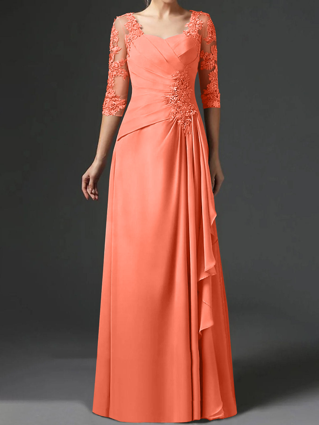 Floor-Length A-Line Princess Gown with Square Neck and Half Sleeves