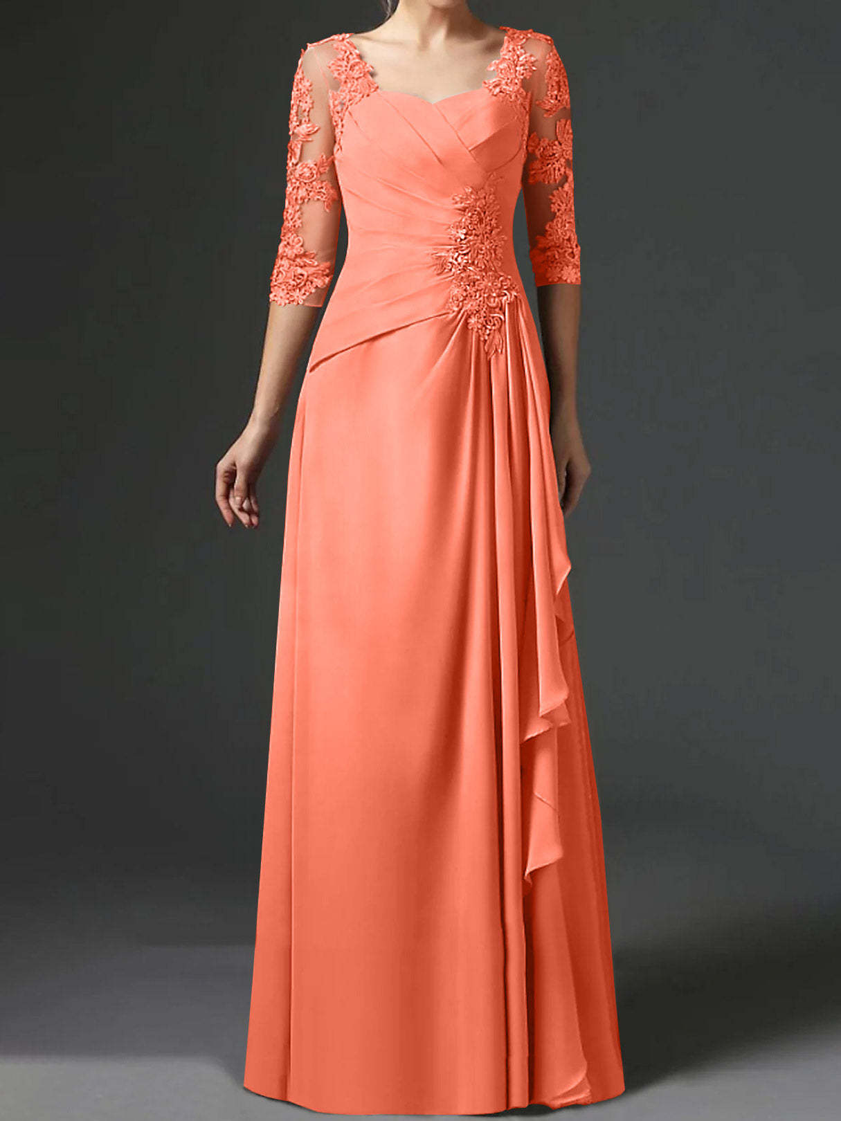 Floor-Length A-Line Princess Gown with Square Neck and Half Sleeves