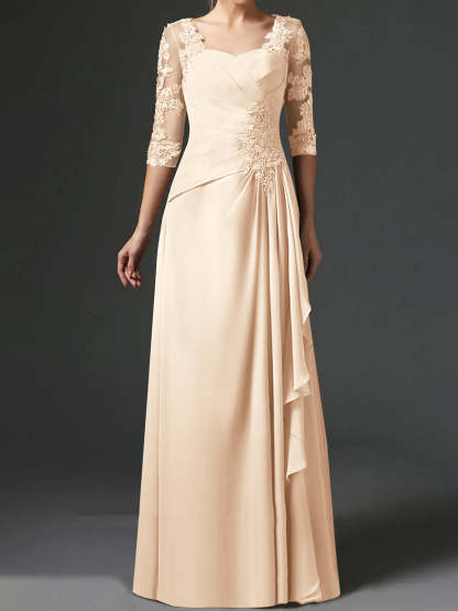 Floor-Length A-Line Princess Gown with Square Neck and Half Sleeves