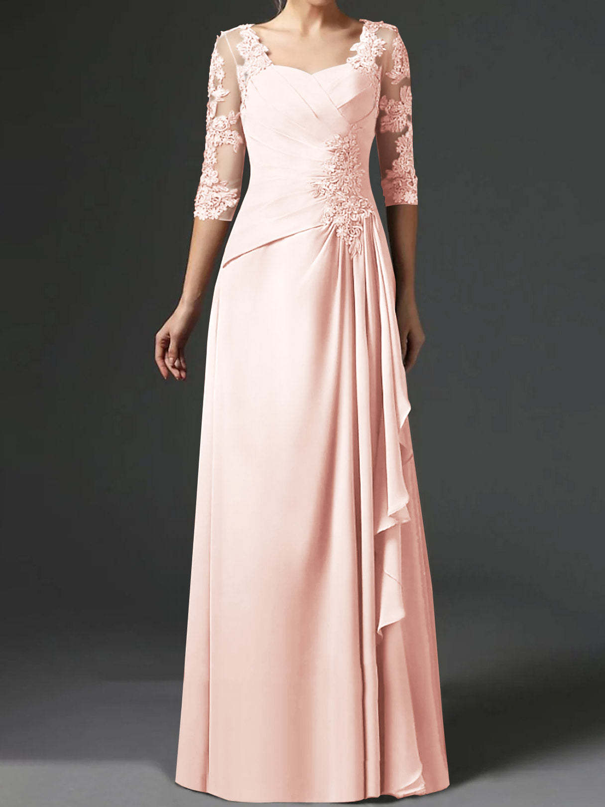Floor-Length A-Line Princess Gown with Square Neck and Half Sleeves