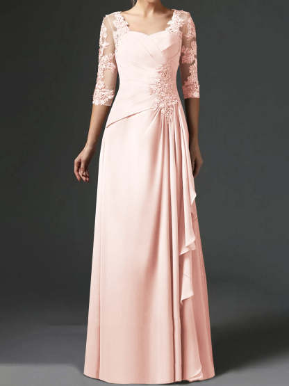Floor-Length A-Line Princess Gown with Square Neck and Half Sleeves