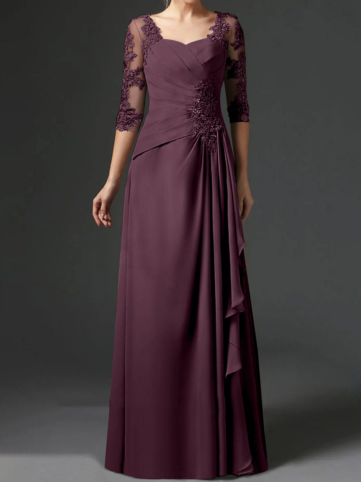 Floor-Length A-Line Princess Gown with Square Neck and Half Sleeves