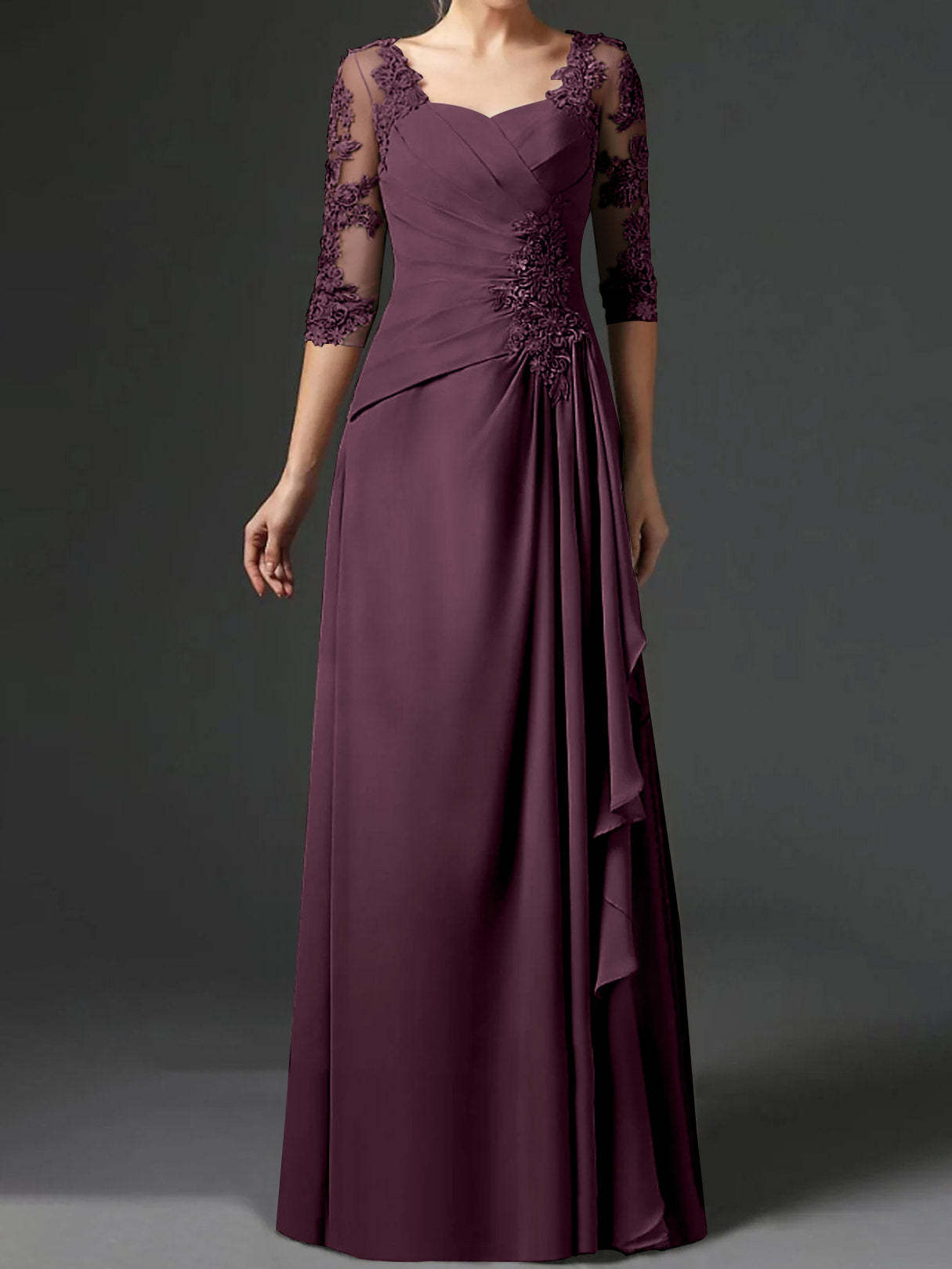 Floor-Length A-Line Princess Gown with Square Neck and Half Sleeves