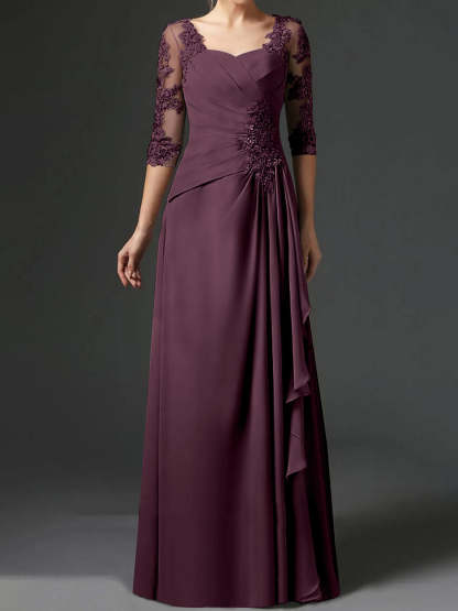 Floor-Length A-Line Princess Gown with Square Neck and Half Sleeves