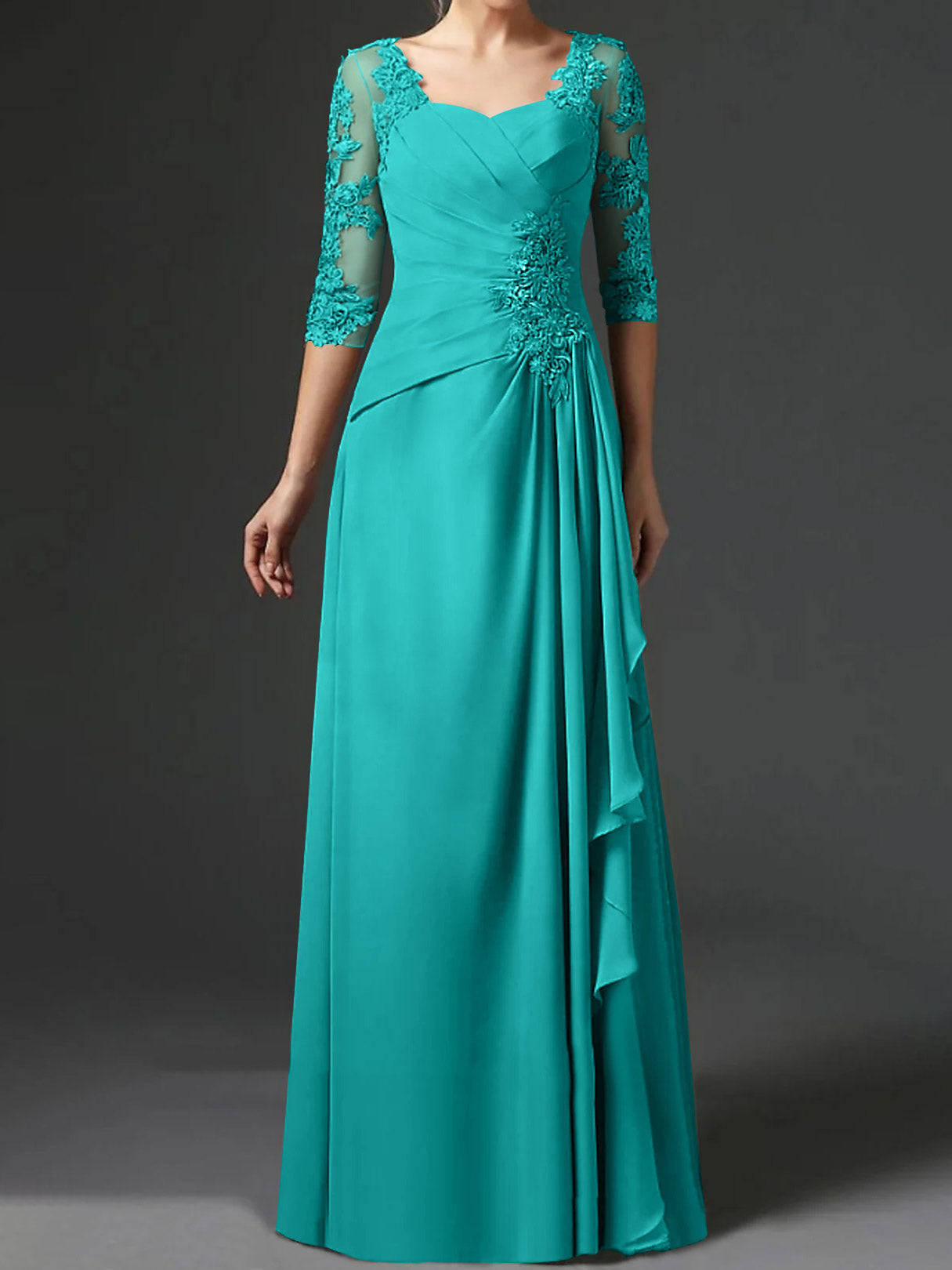 Floor-Length A-Line Princess Gown with Square Neck and Half Sleeves