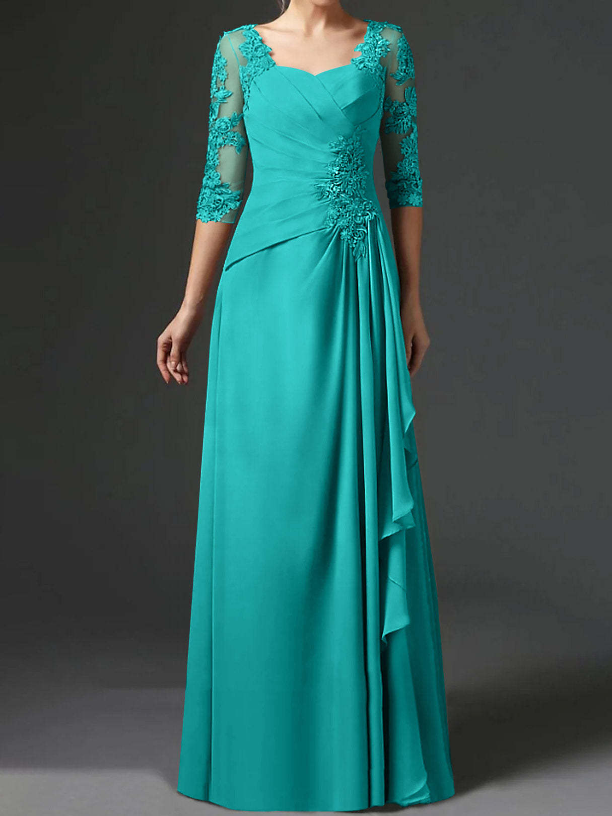 Floor-Length A-Line Princess Gown with Square Neck and Half Sleeves