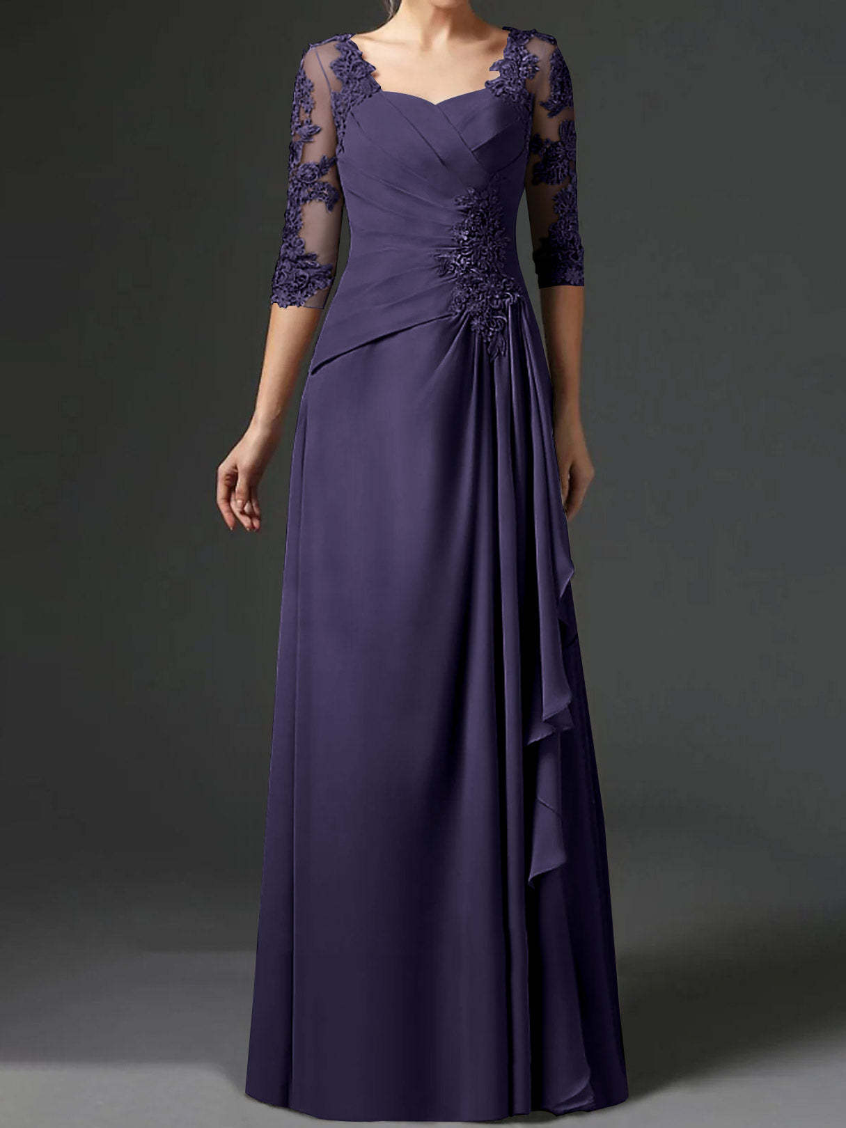 Floor-Length A-Line Princess Gown with Square Neck and Half Sleeves