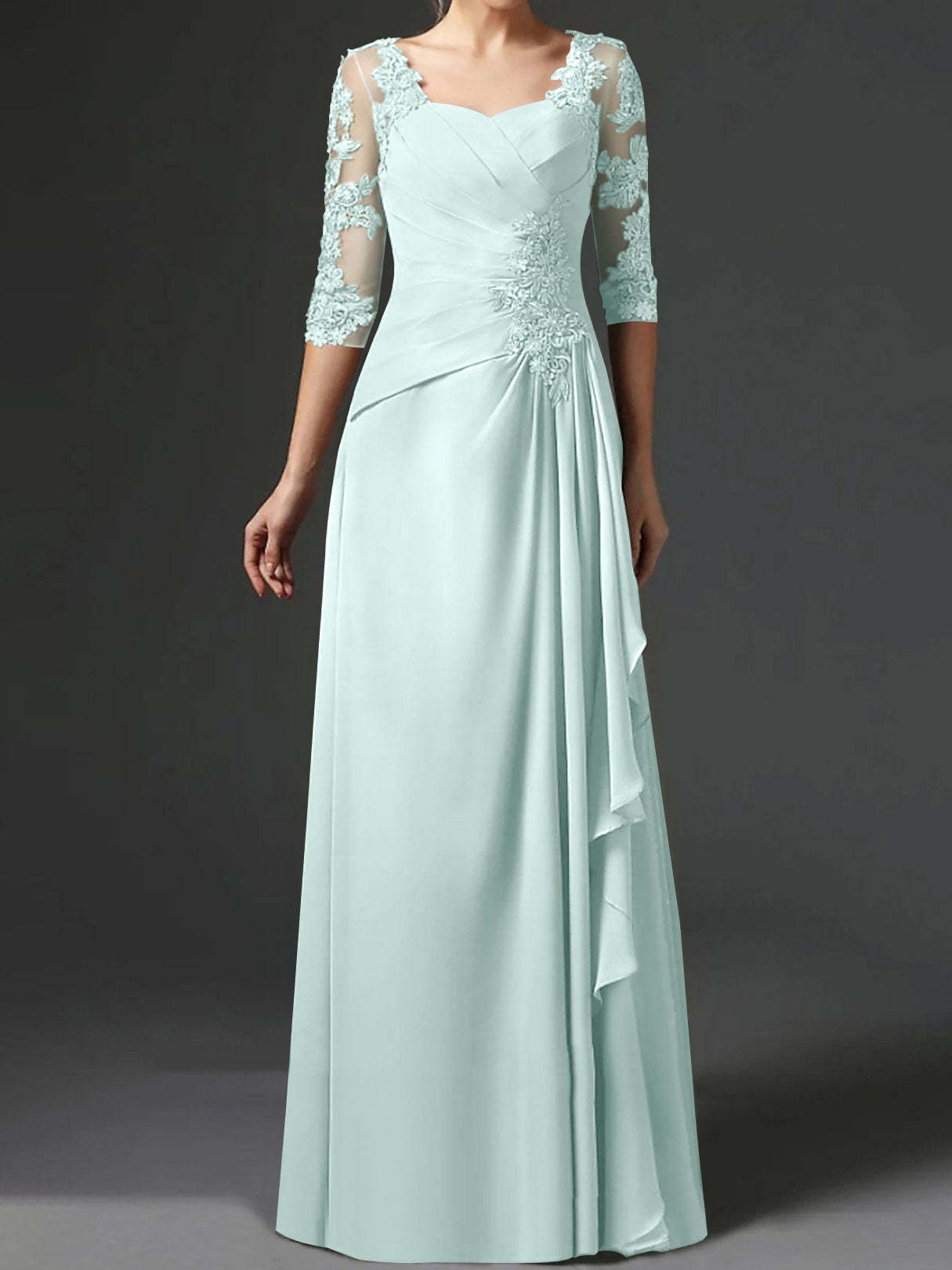 Floor-Length A-Line Princess Gown with Square Neck and Half Sleeves