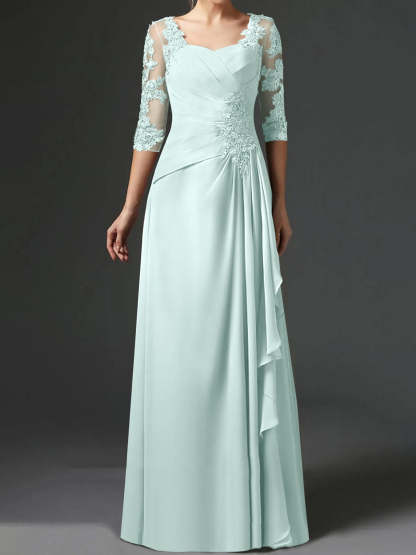 Floor-Length A-Line Princess Gown with Square Neck and Half Sleeves