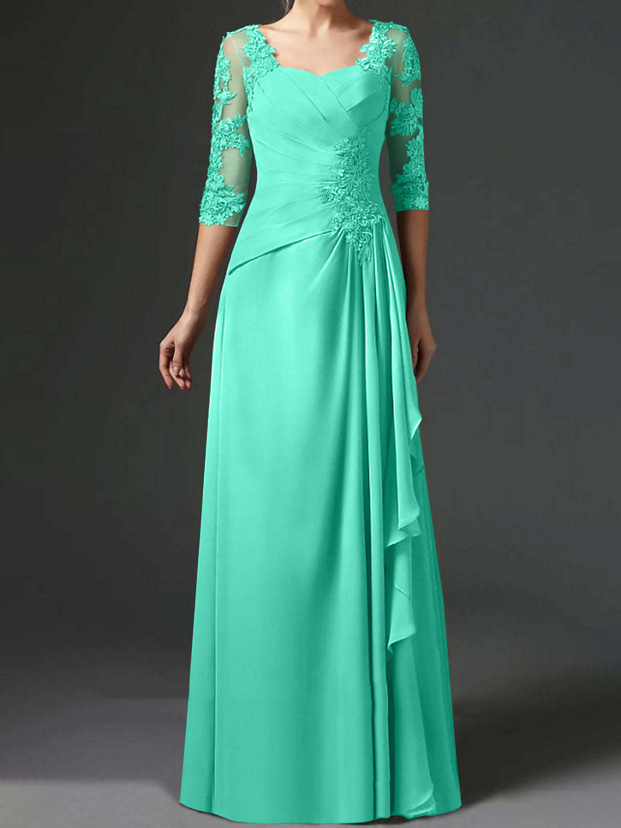 Floor-Length A-Line Princess Gown with Square Neck and Half Sleeves