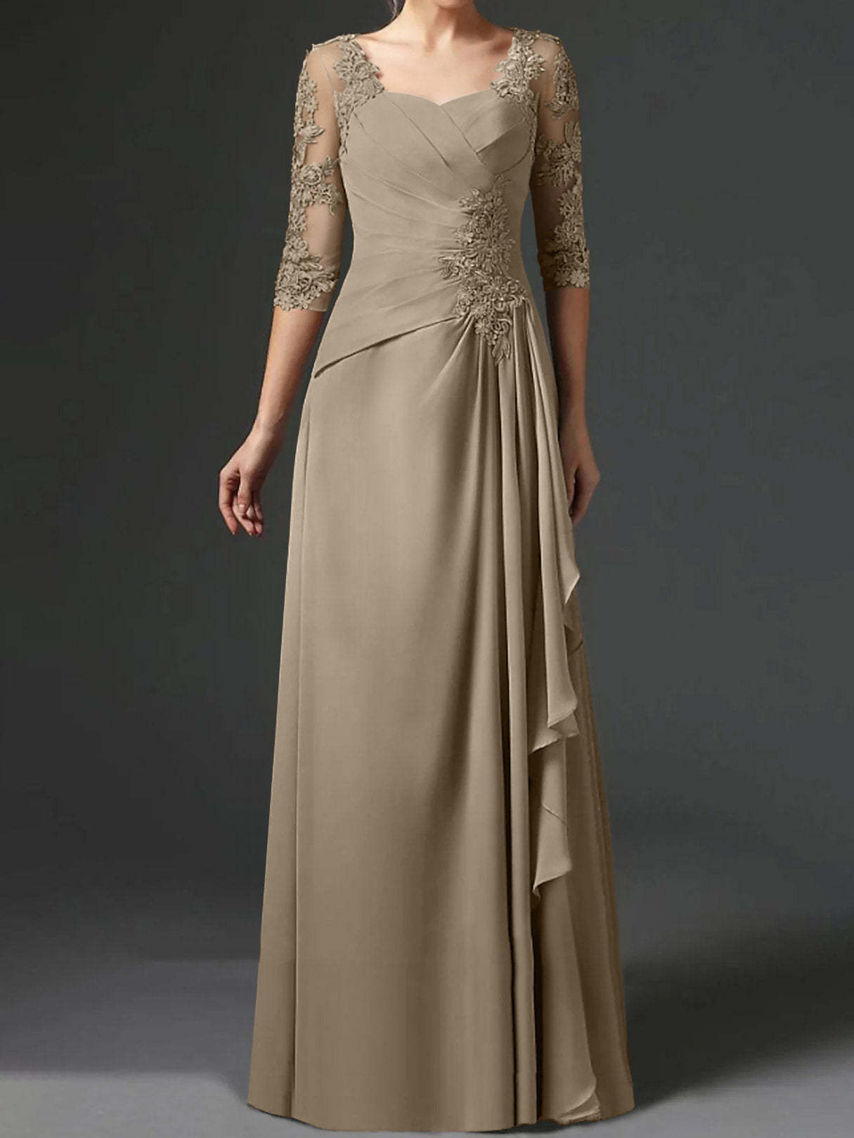 Floor-Length A-Line Princess Gown with Square Neck and Half Sleeves