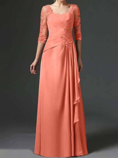 Floor-Length A-Line Princess Gown with Square Neck and Half Sleeves