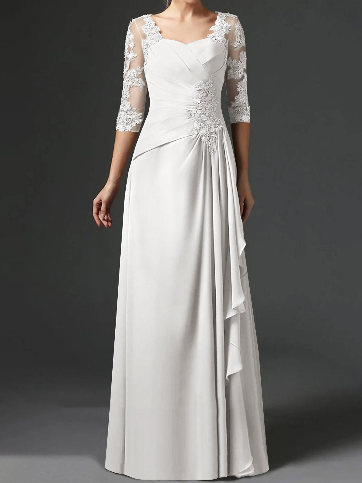 Floor-Length A-Line Princess Gown with Square Neck and Half Sleeves