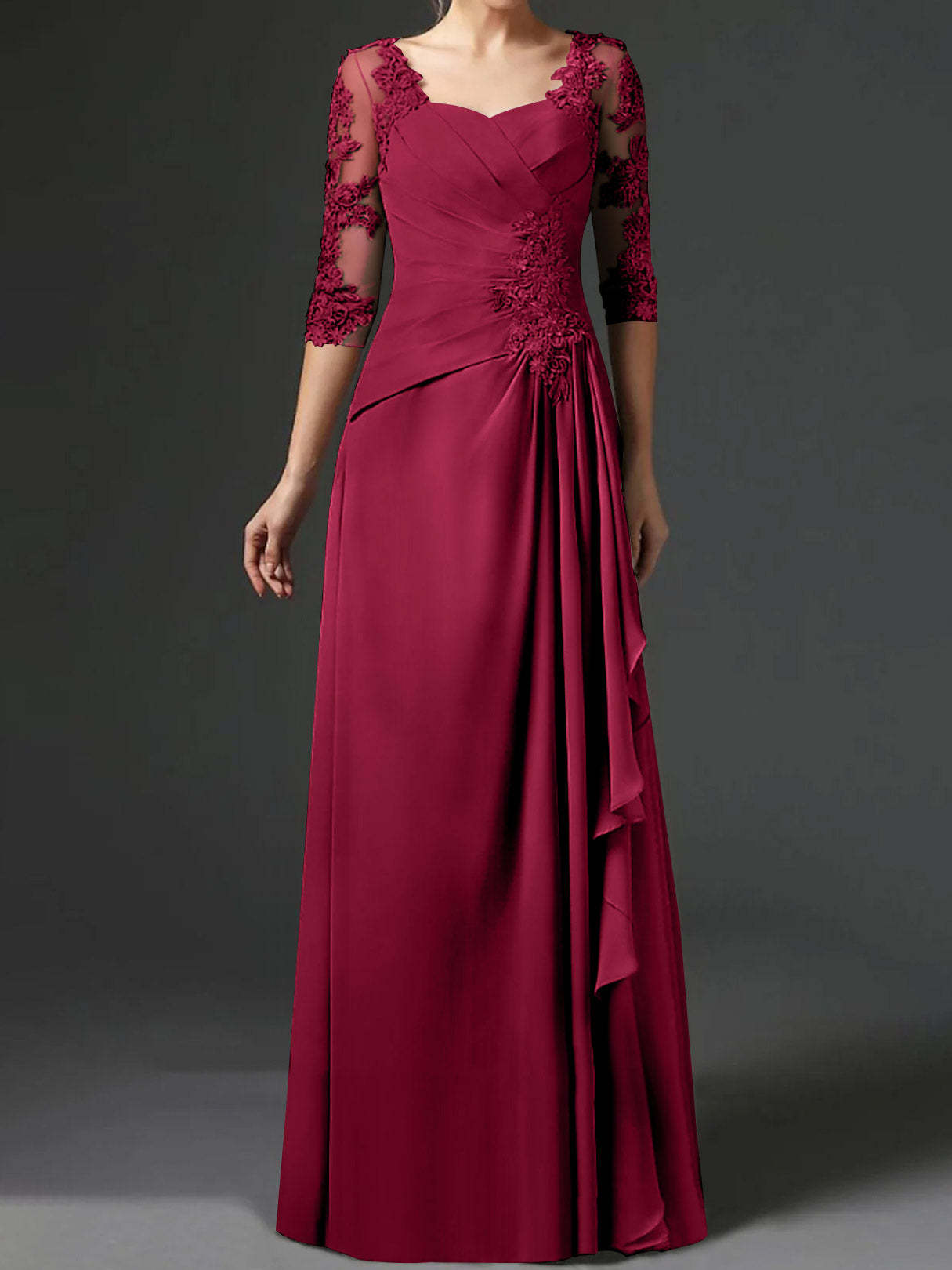 Floor-Length A-Line Princess Gown with Square Neck and Half Sleeves