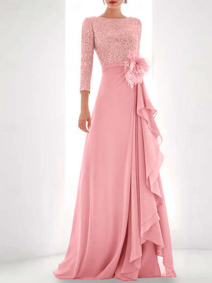 Asymmetrical A-Line Princess Jewel Neck Gown with Long Sleeves Sequin Feather and Pearl Details